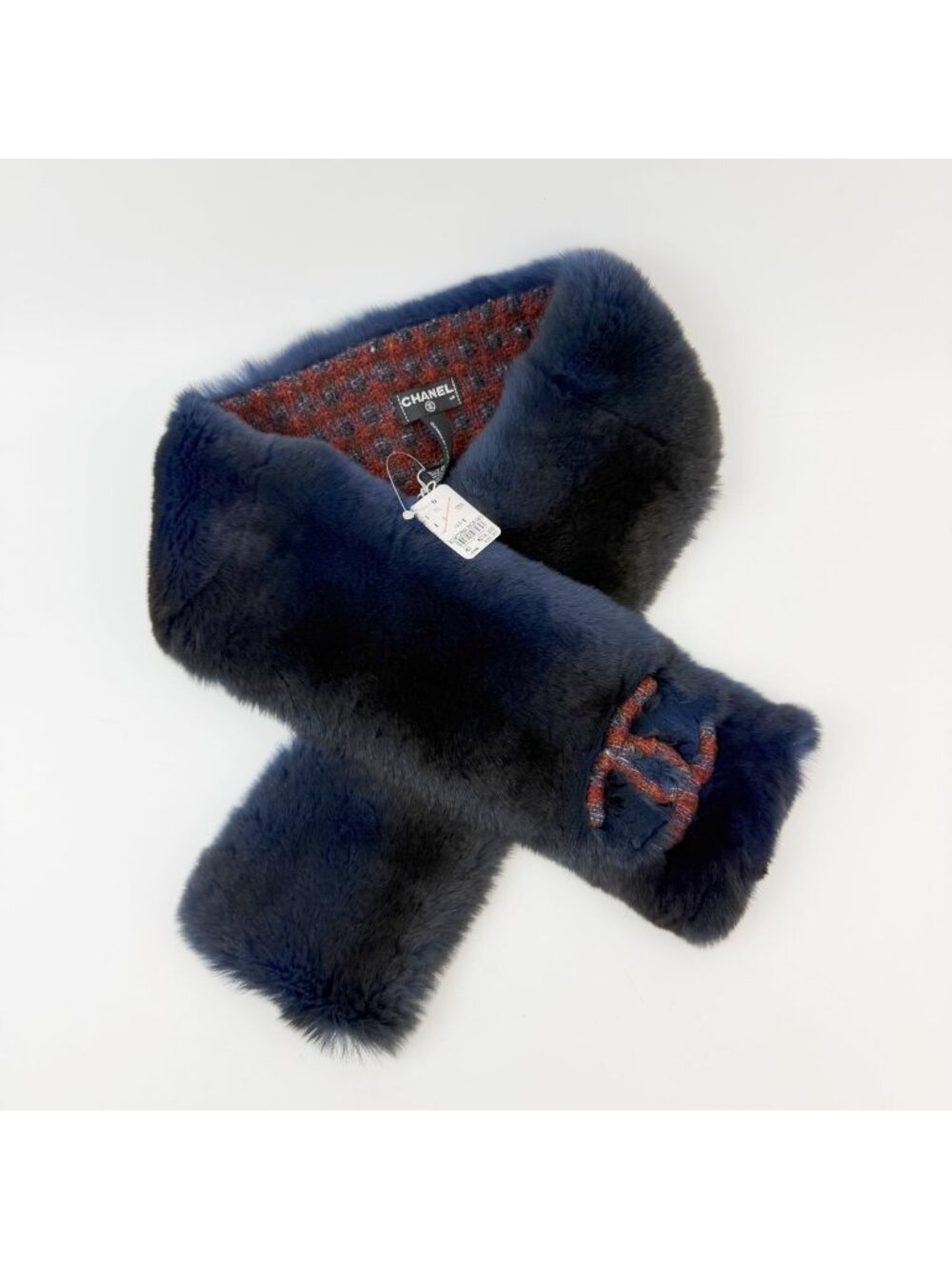 Chanel CC Logo Rabbit Fur Check Tweed Scarf Wool Navy Vintage